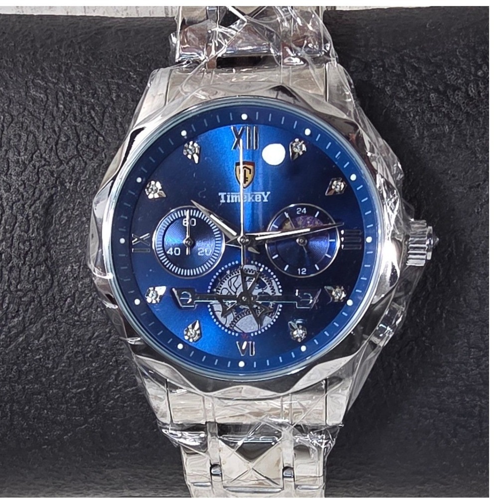 Timekey Mens Chronograph Watch Blue Dial Silver Stainless Steel Moon Phase New